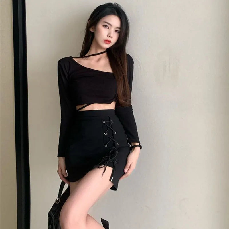 IMIEMIE Spring Summer High Waist Mini Skirt Women Sexy Skinny Lace Up Black Short Skirts Woman Streetwear Gothic Y2K Bodycon Skirts