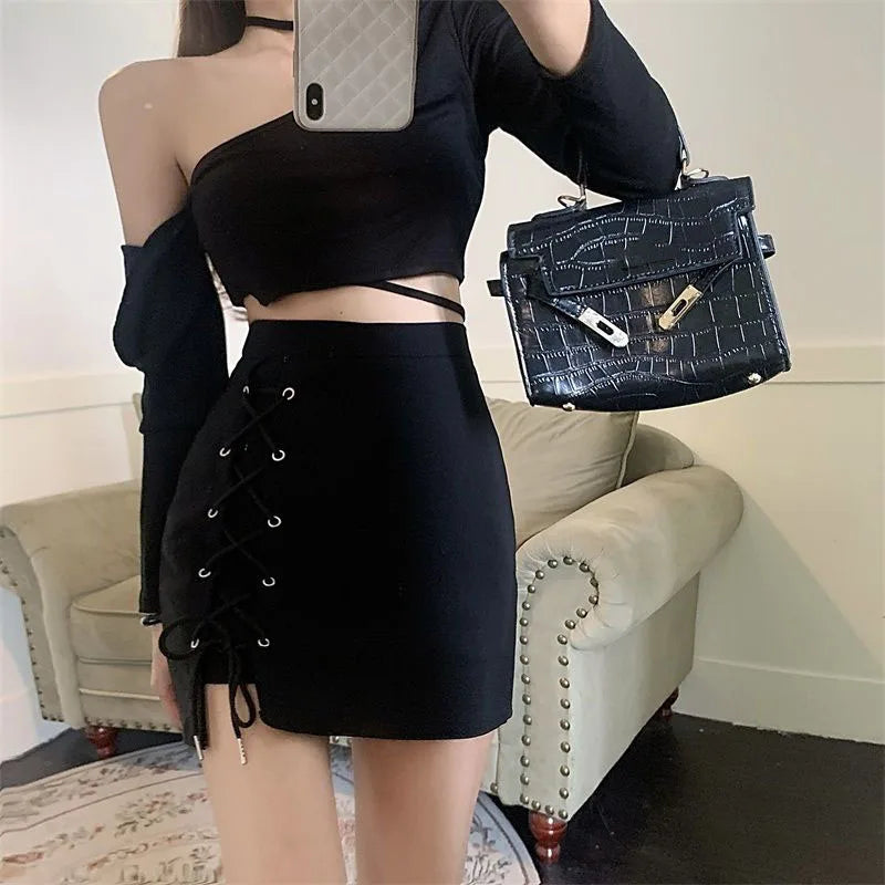 IMIEMIE Spring Summer High Waist Mini Skirt Women Sexy Skinny Lace Up Black Short Skirts Woman Streetwear Gothic Y2K Bodycon Skirts