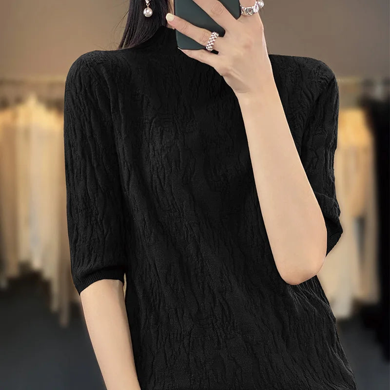 IMIEMIE Spring and Summer2024 New Women's Half-high collar Short-Sleeved Exquisite Cashmere Sweater Pullover