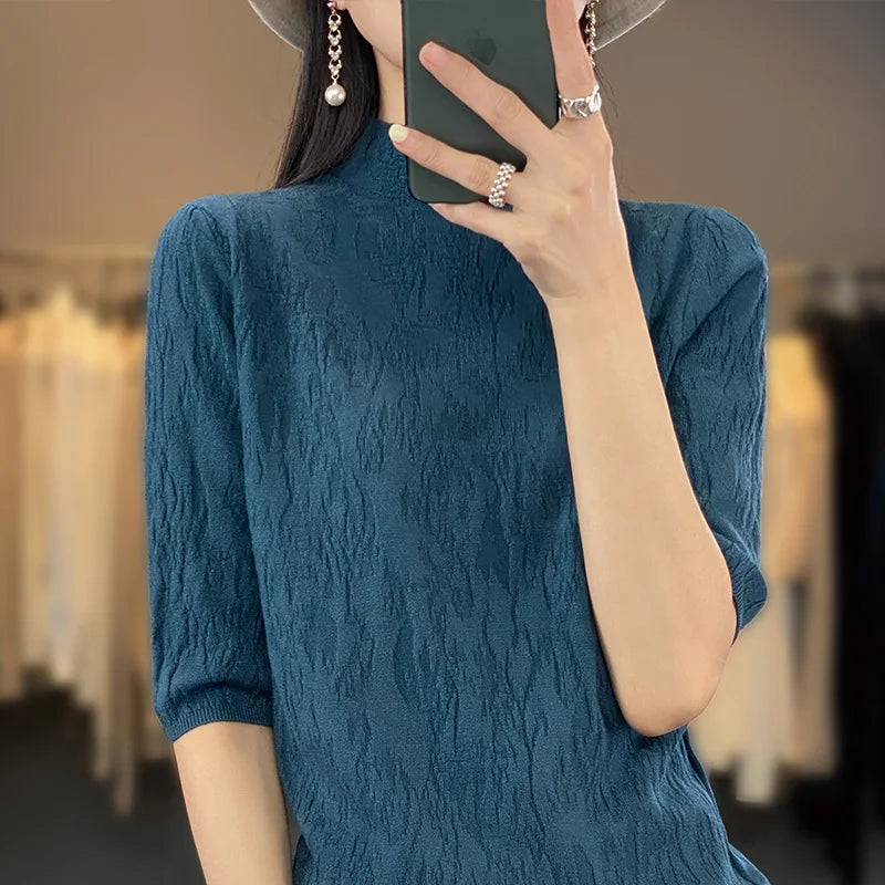 IMIEMIE Spring and Summer2024 New Women's Half-high collar Short-Sleeved Exquisite Cashmere Sweater Pullover