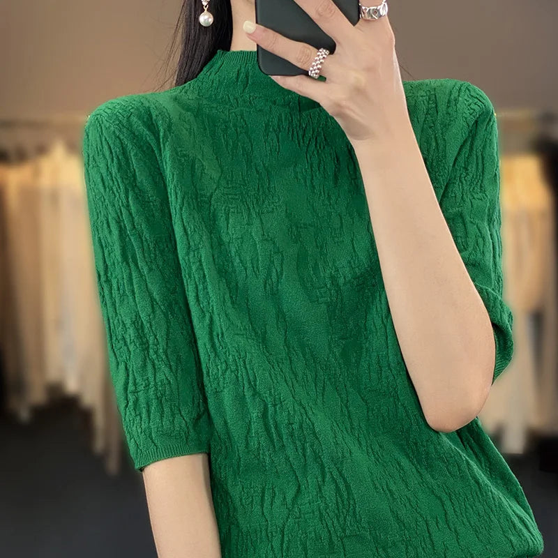 IMIEMIE Spring and Summer2024 New Women's Half-high collar Short-Sleeved Exquisite Cashmere Sweater Pullover