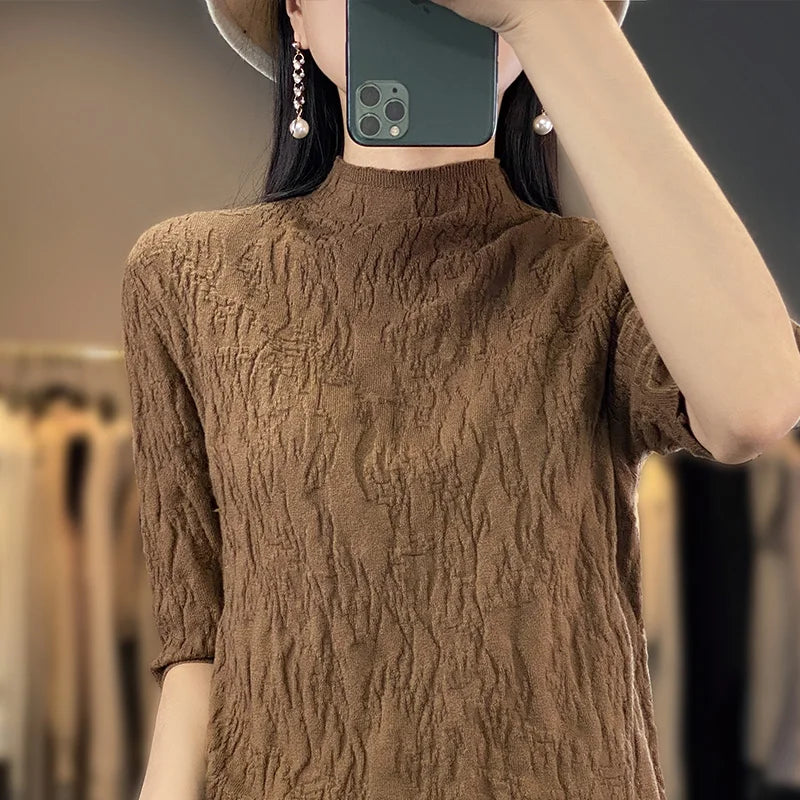 IMIEMIE Spring and Summer2024 New Women's Half-high collar Short-Sleeved Exquisite Cashmere Sweater Pullover