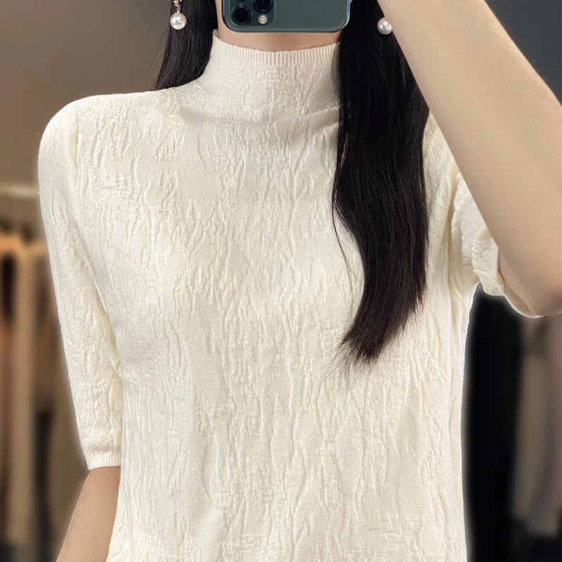 IMIEMIE Spring and Summer2024 New Women's Half-high collar Short-Sleeved Exquisite Cashmere Sweater Pullover