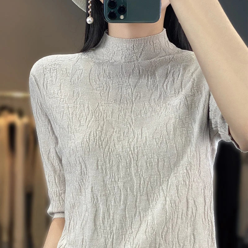 IMIEMIE Spring and Summer2024 New Women's Half-high collar Short-Sleeved Exquisite Cashmere Sweater Pullover