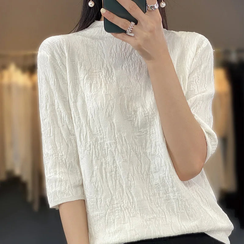 IMIEMIE Spring and Summer2024 New Women's Half-high collar Short-Sleeved Exquisite Cashmere Sweater Pullover