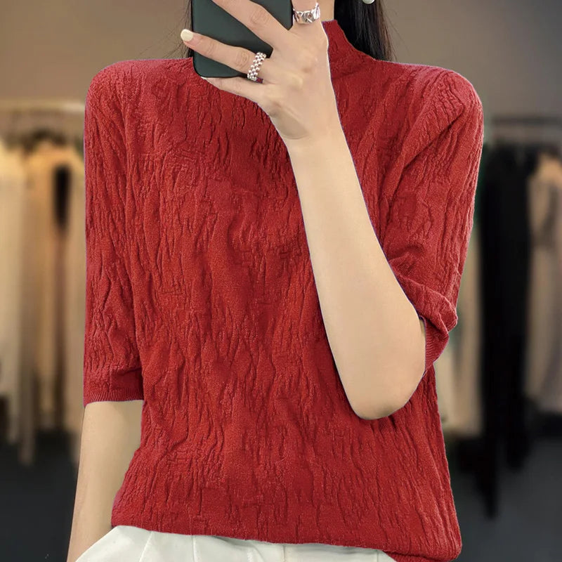 IMIEMIE Spring and Summer2024 New Women's Half-high collar Short-Sleeved Exquisite Cashmere Sweater Pullover