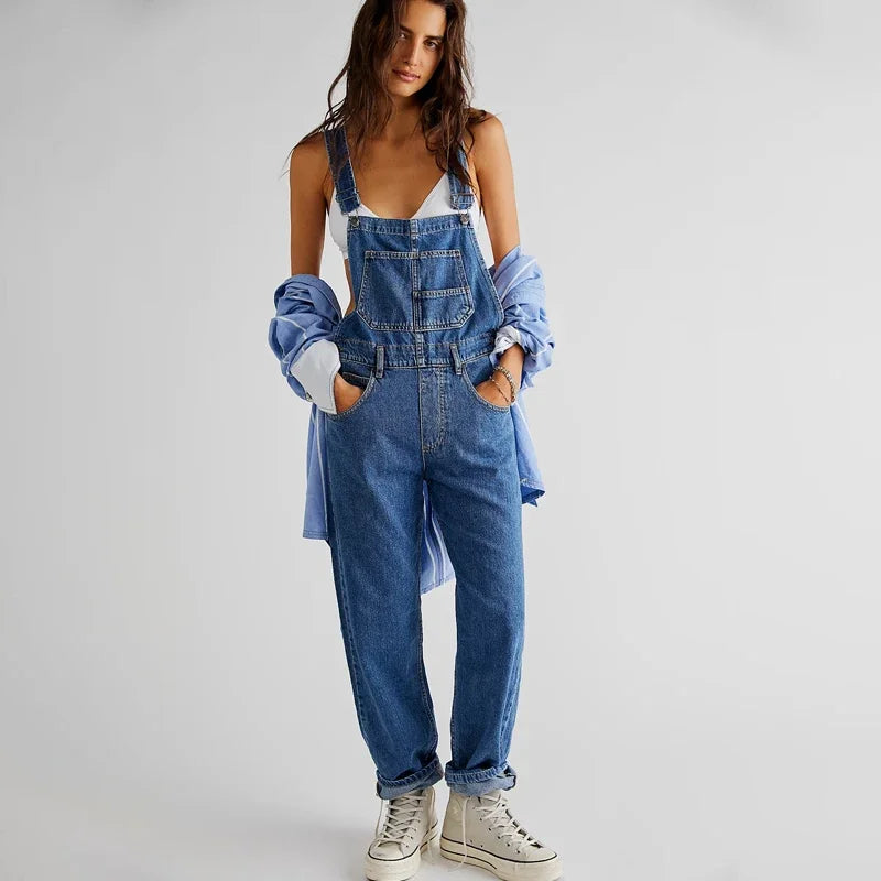 IMIEMIE Spring and summer blue denim jumpsuit women's casual denim work clothes denim overalls large size loose slim fit retro jumpsuit