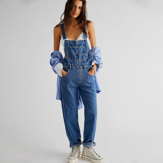 IMIEMIE Spring and summer blue denim jumpsuit women's casual denim work clothes denim overalls large size loose slim fit retro jumpsuit