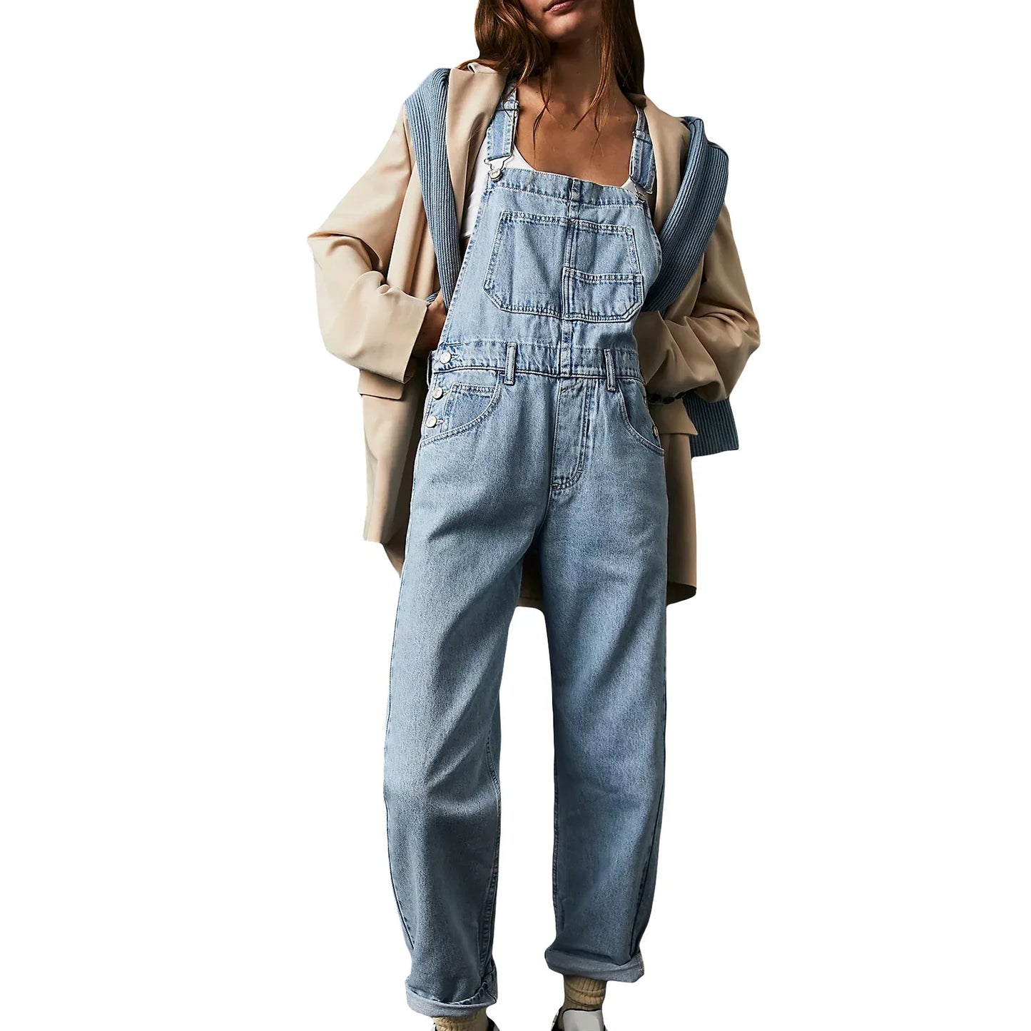 IMIEMIE Spring and summer blue denim jumpsuit women's casual denim work clothes denim overalls large size loose slim fit retro jumpsuit