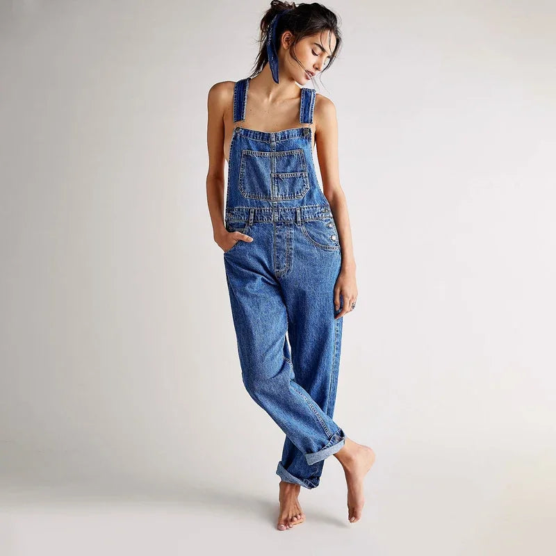 IMIEMIE Spring and summer blue denim jumpsuit women's casual denim work clothes denim overalls large size loose slim fit retro jumpsuit