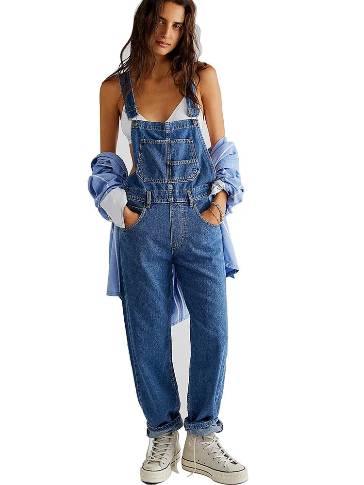 IMIEMIE Spring and summer blue denim jumpsuit women's casual denim work clothes denim overalls large size loose slim fit retro jumpsuit