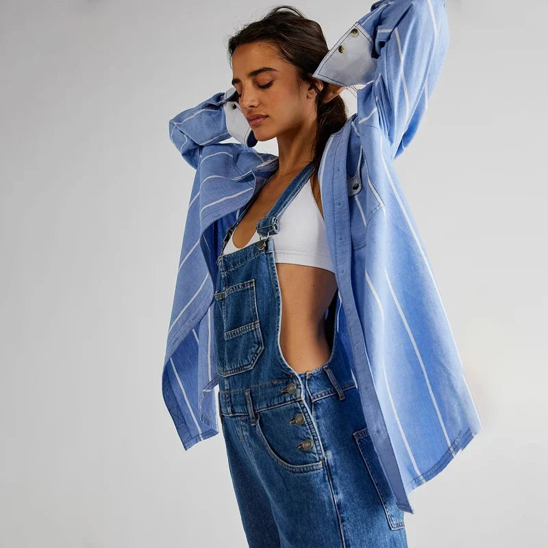 IMIEMIE Spring and summer blue denim jumpsuit women's casual denim work clothes denim overalls large size loose slim fit retro jumpsuit