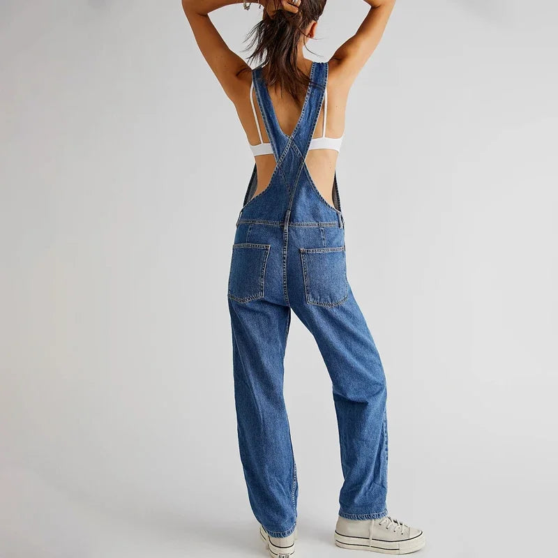 IMIEMIE Spring and summer blue denim jumpsuit women's casual denim work clothes denim overalls large size loose slim fit retro jumpsuit