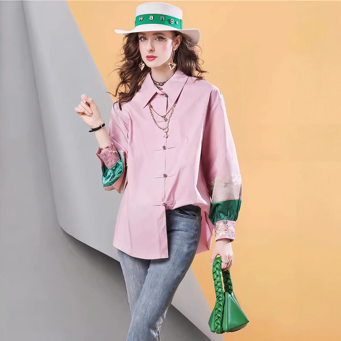 IMIEMIE Spring high quality New Pink Women's Shirt Contrast Color Stitching Loose Embroidered Casual blous Top for women