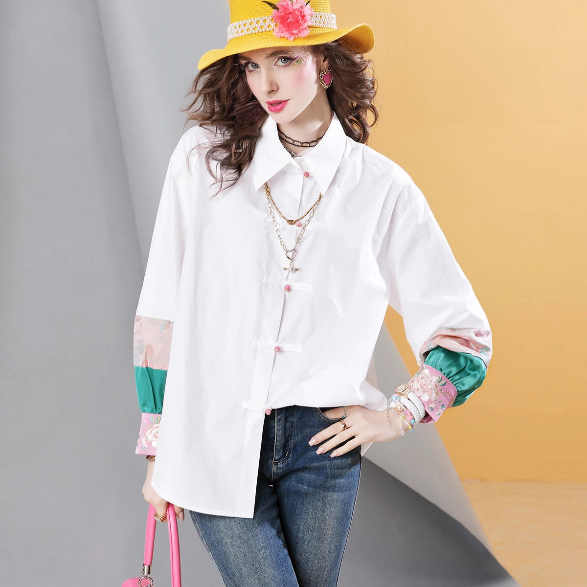 IMIEMIE Spring high quality New Pink Women's Shirt Contrast Color Stitching Loose Embroidered Casual blous Top for women