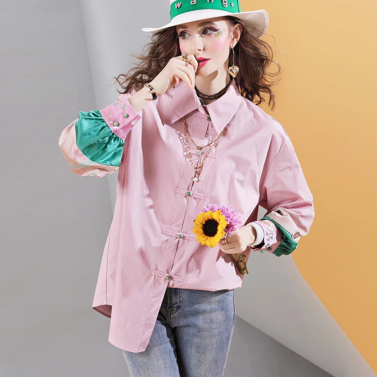 IMIEMIE Spring high quality New Pink Women's Shirt Contrast Color Stitching Loose Embroidered Casual blous Top for women