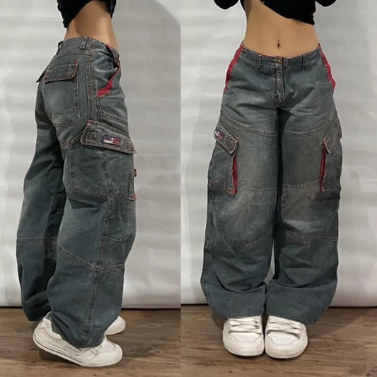 IMIEMIE Street Vintage Jeans New Y2K Harajuku Wash Blue Multiple pockets Baggy Jeans Denim Pants Mens Womens High Waist Wide Trousers