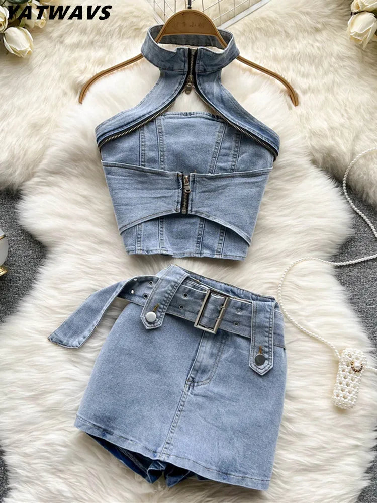 IMIEMIE Streetwear Sexy Women Summer Denim Halter Tops Mini Skirt Suits Outfits Chic Bodycon Jeans Zipper Backless Vest Girl 2-piece Set