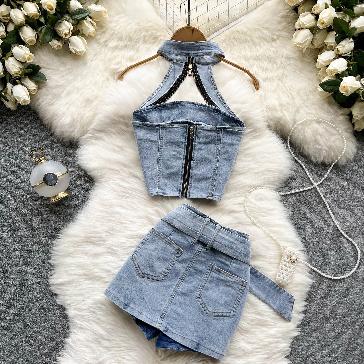 IMIEMIE Streetwear Sexy Women Summer Denim Halter Tops Mini Skirt Suits Outfits Chic Bodycon Jeans Zipper Backless Vest Girl 2-piece Set