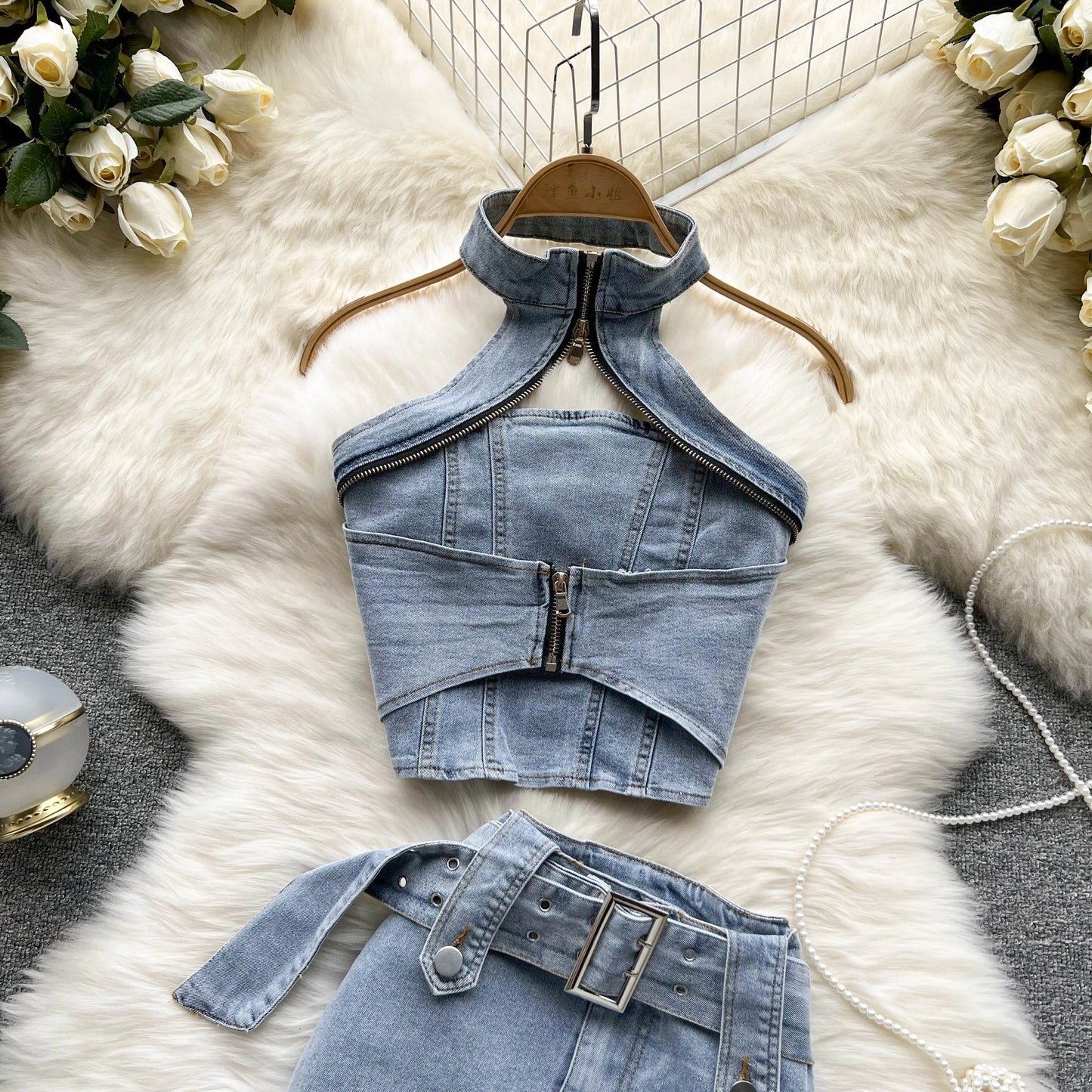 IMIEMIE Streetwear Sexy Women Summer Denim Halter Tops Mini Skirt Suits Outfits Chic Bodycon Jeans Zipper Backless Vest Girl 2-piece Set