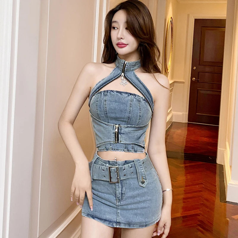 IMIEMIE Streetwear Sexy Women Summer Denim Halter Tops Mini Skirt Suits Outfits Chic Bodycon Jeans Zipper Backless Vest Girl 2-piece Set