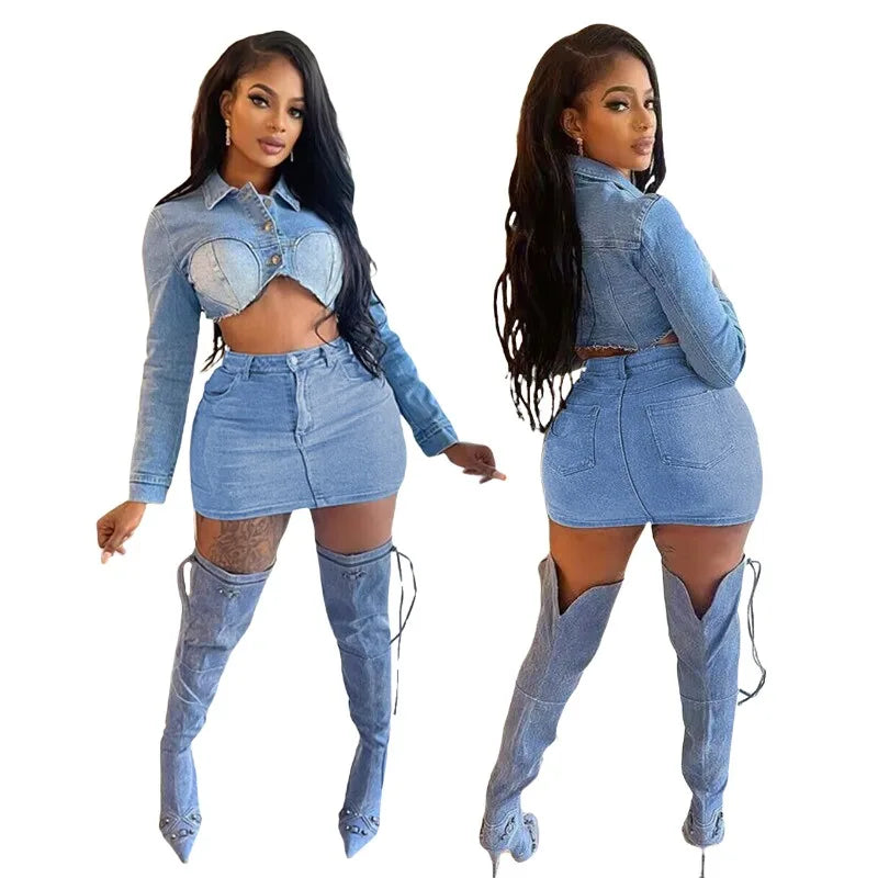 IMIEMIE Stretch Denim Two Piece Set Women Turn Down Collar Long Sleeve Single Breasted Crop Jackets Top Bodycon Mini Skirts Jeans Suit