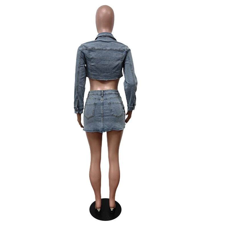 IMIEMIE Stretch Denim Two Piece Set Women Turn Down Collar Long Sleeve Single Breasted Crop Jackets Top Bodycon Mini Skirts Jeans Suit