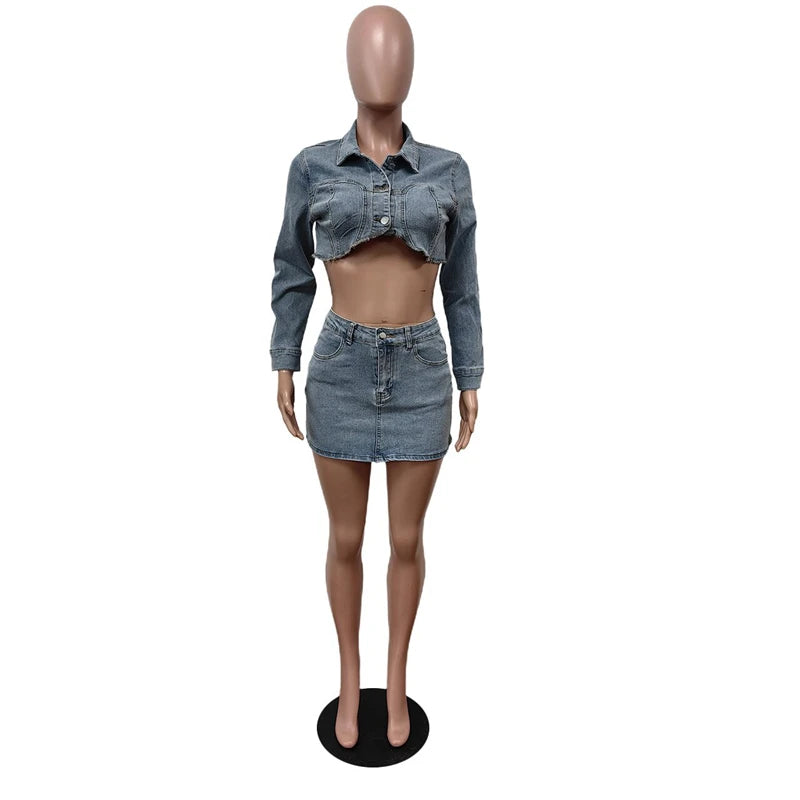 IMIEMIE Stretch Denim Two Piece Set Women Turn Down Collar Long Sleeve Single Breasted Crop Jackets Top Bodycon Mini Skirts Jeans Suit