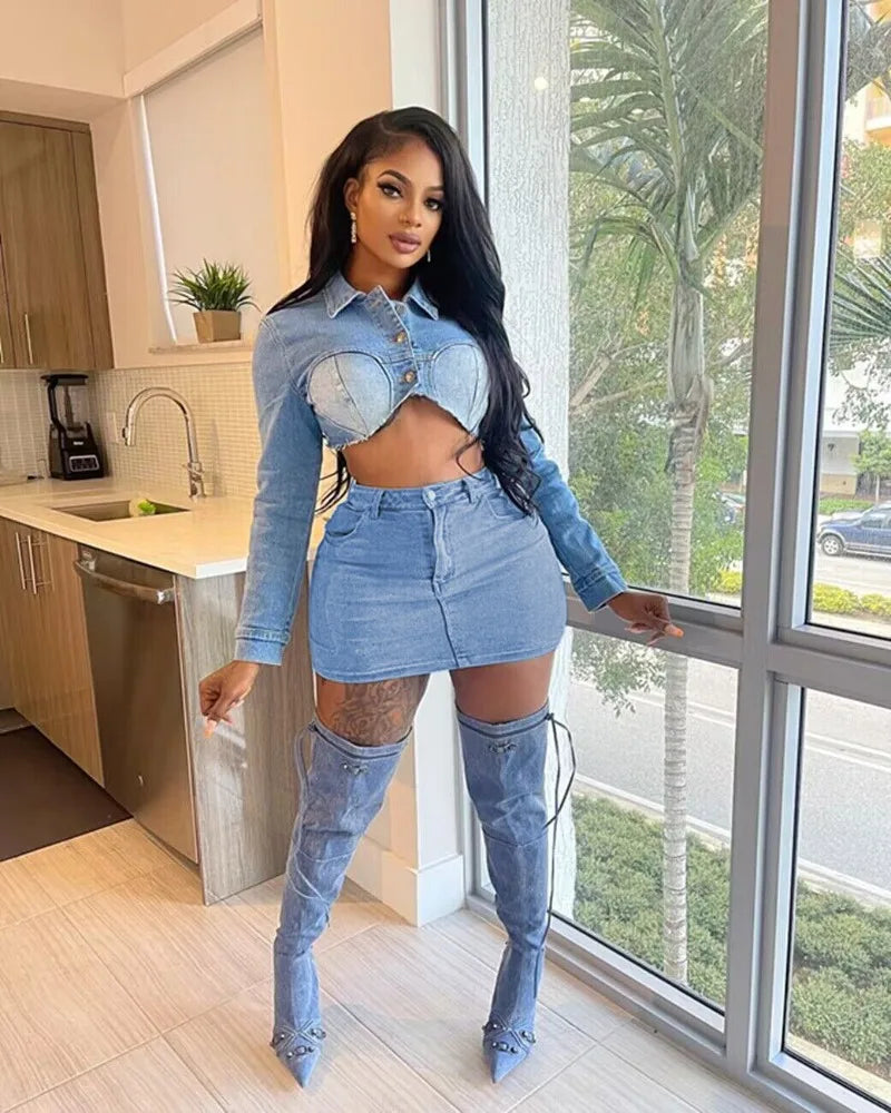 IMIEMIE Stretch Denim Two Piece Set Women Turn Down Collar Long Sleeve Single Breasted Crop Jackets Top Bodycon Mini Skirts Jeans Suit