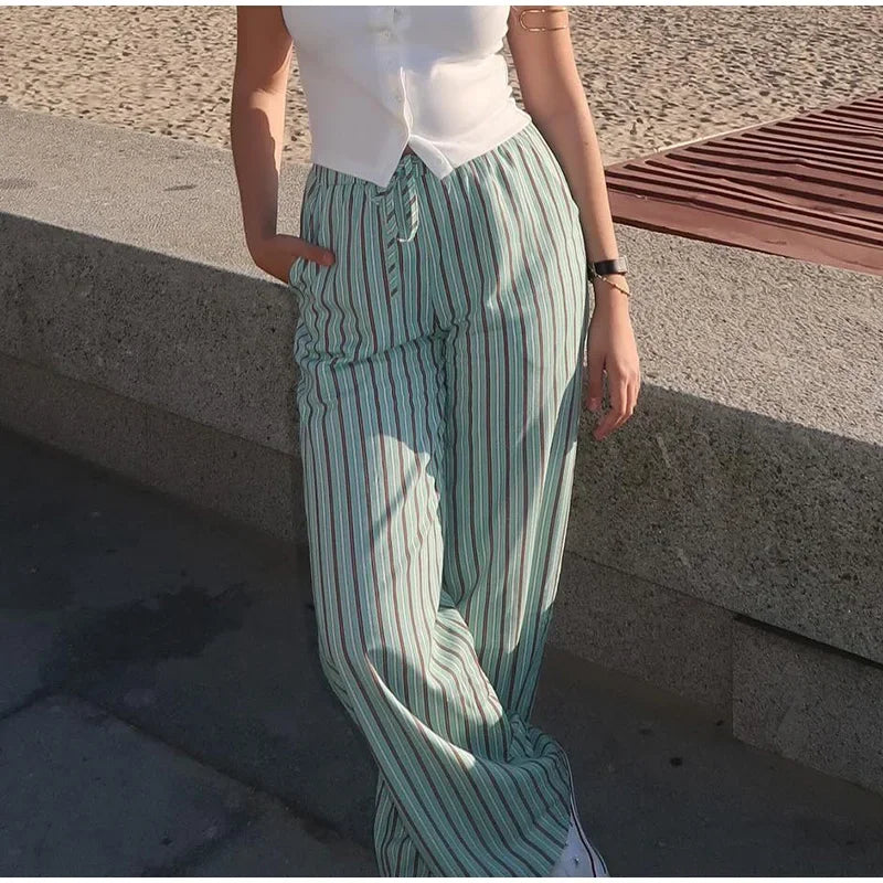 IMIEMIE Stripe Lace Up Vest Trouser Suit Women Beach Sleeveless V-neck  Waistcoat High Waist Wide Leg Pants 2024 Summer Lady Set