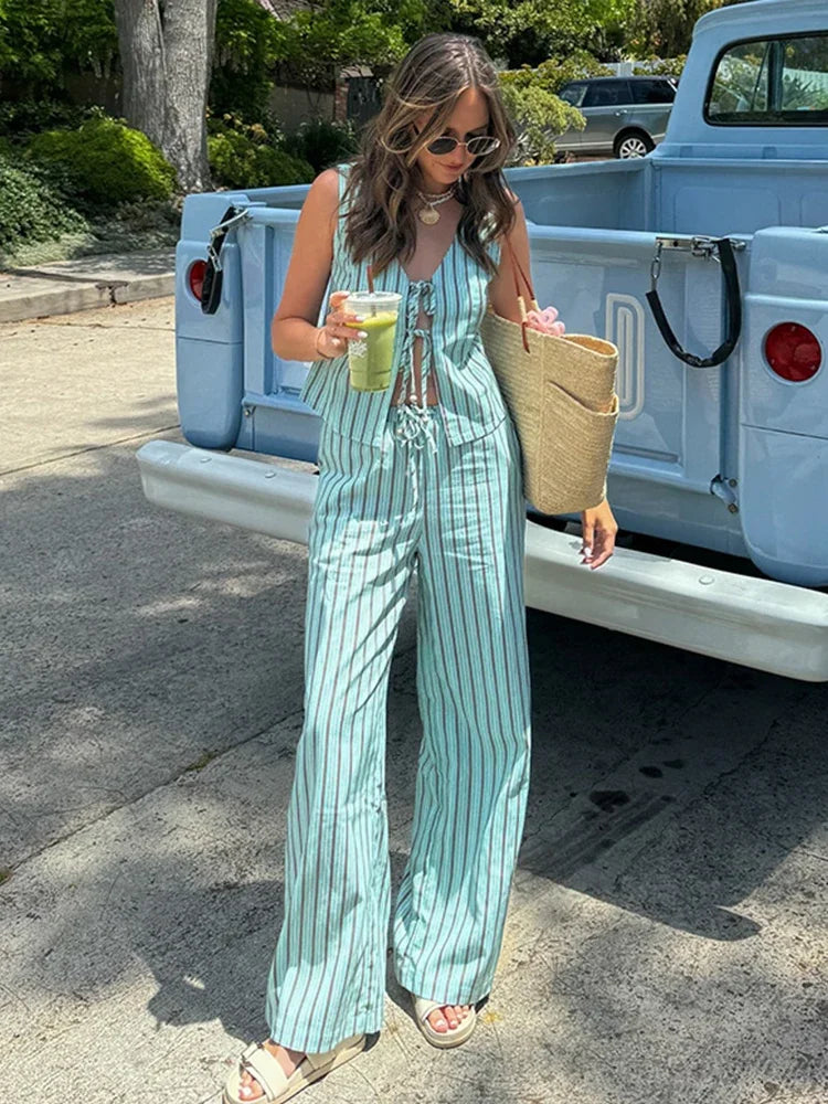 IMIEMIE Stripe Lace Up Vest Trouser Suit Women Beach Sleeveless V-neck  Waistcoat High Waist Wide Leg Pants 2024 Summer Lady Set