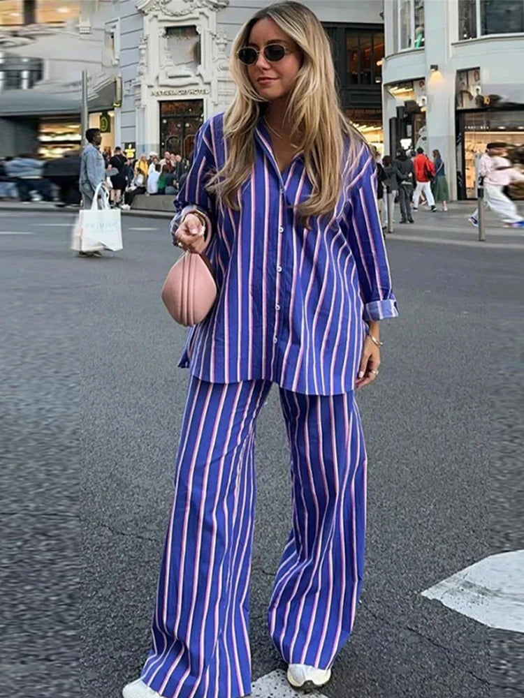 IMIEMIE Striped Shirt Pants Set Women Casual Lapel Blouses Elastic Waist Pocket Straight Leg Trousers Female Sets 2024 Fashion Outfit