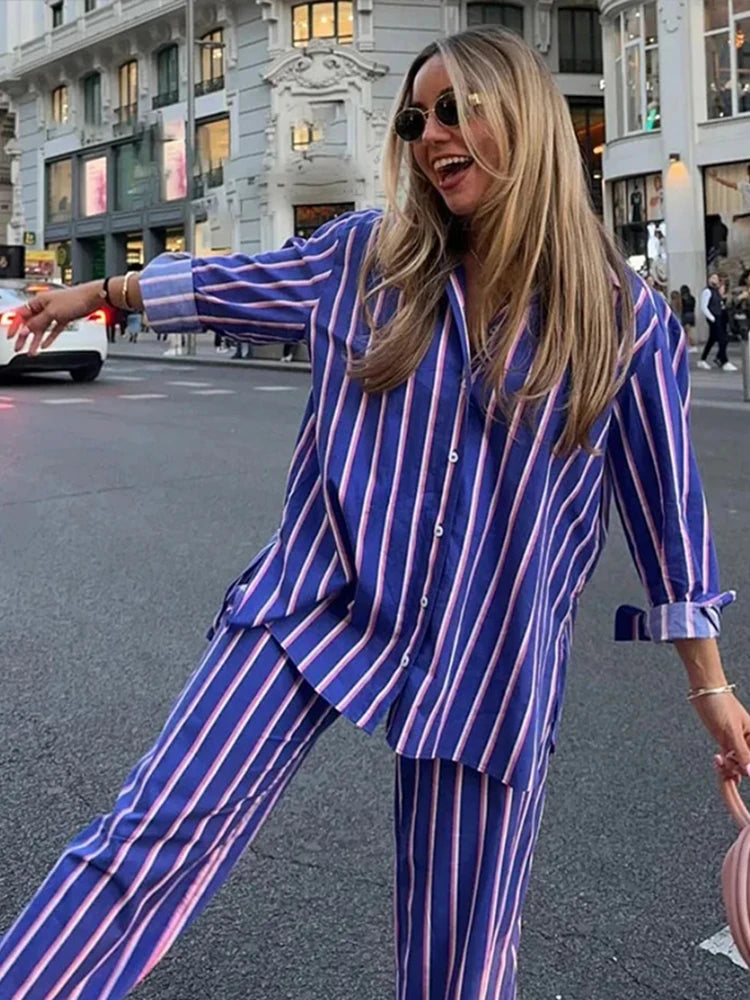 IMIEMIE Striped Shirt Pants Set Women Casual Lapel Blouses Elastic Waist Pocket Straight Leg Trousers Female Sets 2024 Fashion Outfit