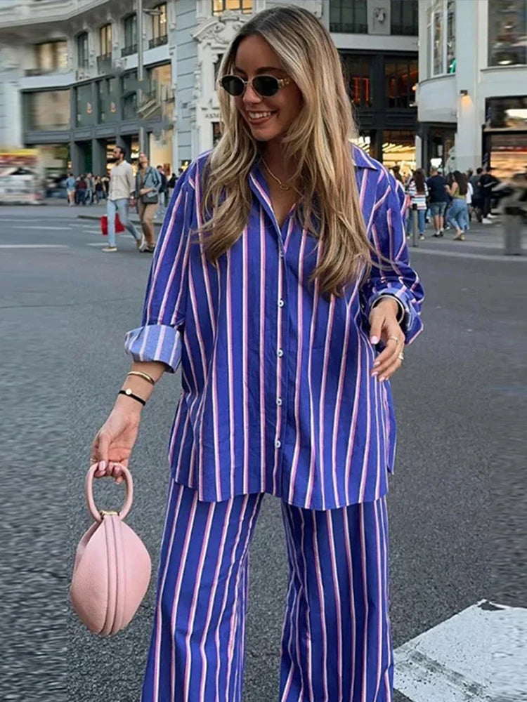 IMIEMIE Striped Shirt Pants Set Women Casual Lapel Blouses Elastic Waist Pocket Straight Leg Trousers Female Sets 2024 Fashion Outfit