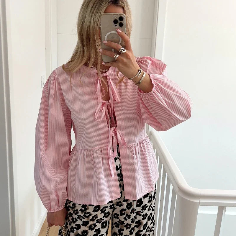 IMIEMIE Striped Shirt Women Tops Bow Tied Pleats Lace Up Button Blouses Puff Sleeve Hollow Out O-neck Blouses Summer Sweet Plaid Tops