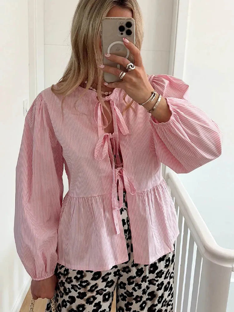 IMIEMIE Striped Shirt Women Tops Bow Tied Pleats Lace Up Button Blouses Puff Sleeve Hollow Out O-neck Blouses Summer Sweet Plaid Tops