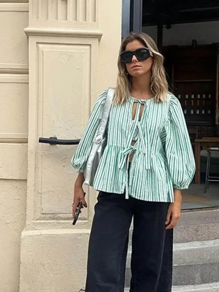 IMIEMIE Striped Shirt Women Tops Bow Tied Pleats Lace Up Button Blouses Puff Sleeve Hollow Out O-neck Blouses Summer Sweet Plaid Tops