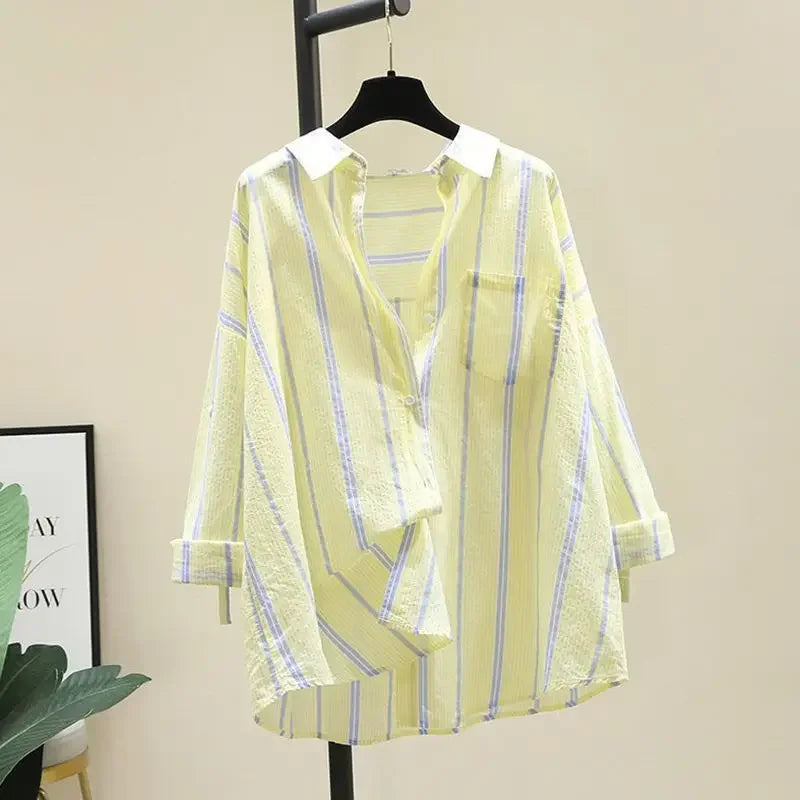 IMIEMIE Stylish Korean Version Loose-fit Casual Lightweight Summer Women's Shirt Bar Stripe Sun Protection Clothing Jacket