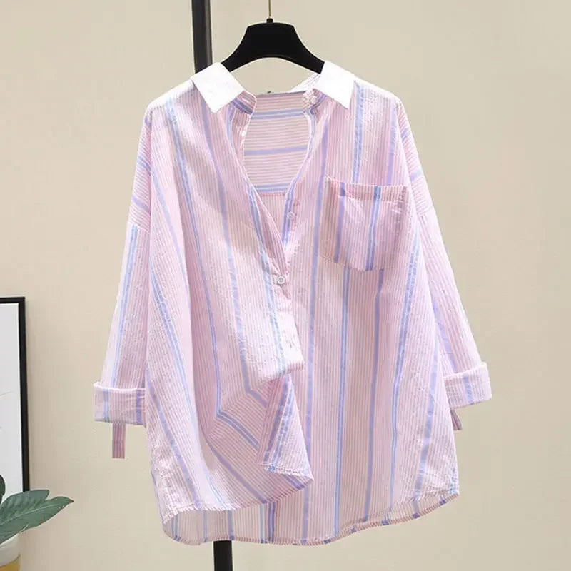 IMIEMIE Stylish Korean Version Loose-fit Casual Lightweight Summer Women's Shirt Bar Stripe Sun Protection Clothing Jacket