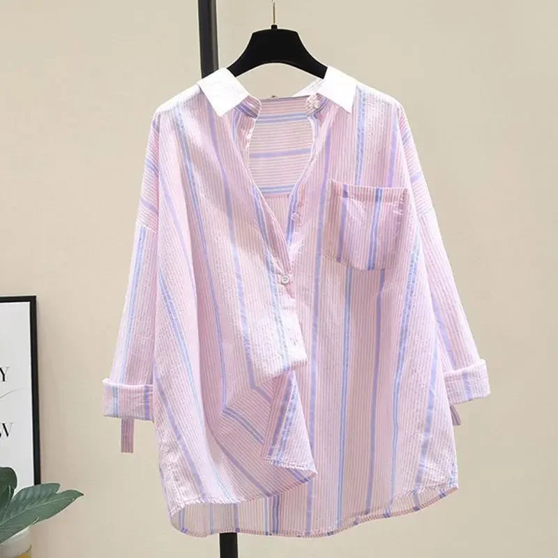 IMIEMIE Stylish Korean Version Loose-fit Casual Lightweight Summer Women's Shirt Bar Stripe Sun Protection Clothing Jacket