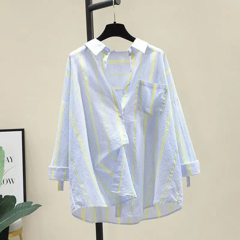 IMIEMIE Stylish Korean Version Loose-fit Casual Lightweight Summer Women's Shirt Bar Stripe Sun Protection Clothing Jacket