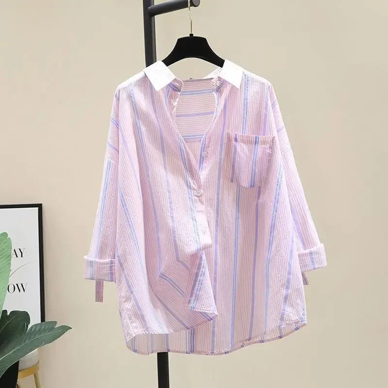 IMIEMIE Stylish Korean Version Loose-fit Casual Lightweight Summer Women's Shirt Bar Stripe Sun Protection Clothing Jacket