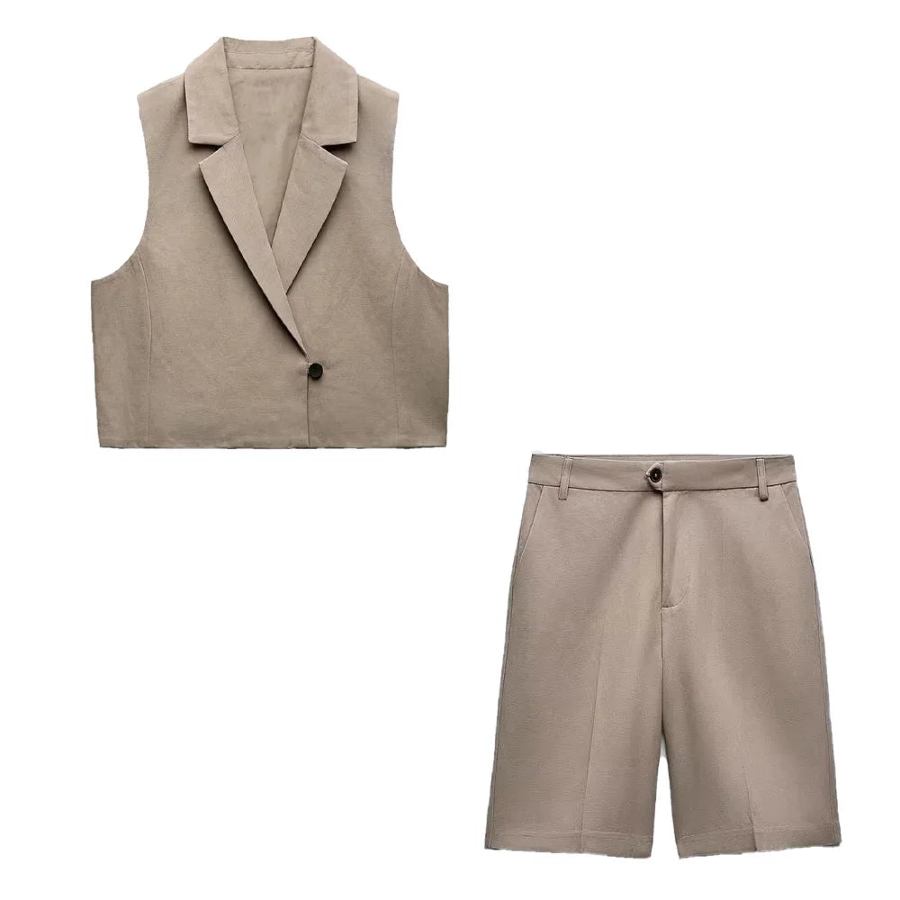 IMIEMIE Suit Women's 2024 New Fashion Temperament Joker Double Lapel Sleeveless Vest Chic Top+neutral Casual Shorts Suit