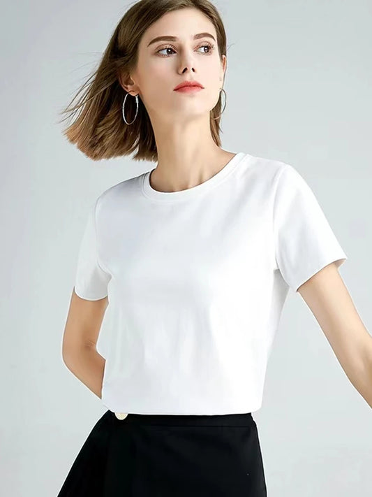 IMIEMIE Summer 100% Mercerized Cotton Women Silk T-shirts O Neck Short Sleeve Loose Straight Tops Simple Casual Tees For Minimalist 2024