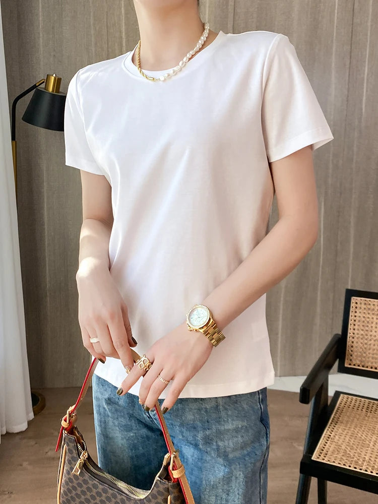 IMIEMIE Summer 100% Mercerized Cotton Women Silk T-shirts O Neck Short Sleeve Loose Straight Tops Simple Casual Tees For Minimalist 2024