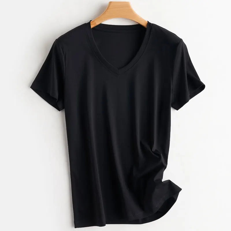 IMIEMIE Summer 100% Mercerized Cotton Women Silk T-shirts O Neck Short Sleeve Loose Straight Tops Simple Casual Tees For Minimalist 2024