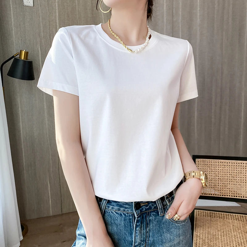 IMIEMIE Summer 100% Mercerized Cotton Women Silk T-shirts O Neck Short Sleeve Loose Straight Tops Simple Casual Tees For Minimalist 2024