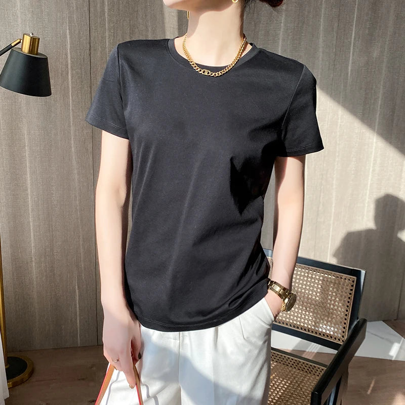 IMIEMIE Summer 100% Mercerized Cotton Women Silk T-shirts O Neck Short Sleeve Loose Straight Tops Simple Casual Tees For Minimalist 2024