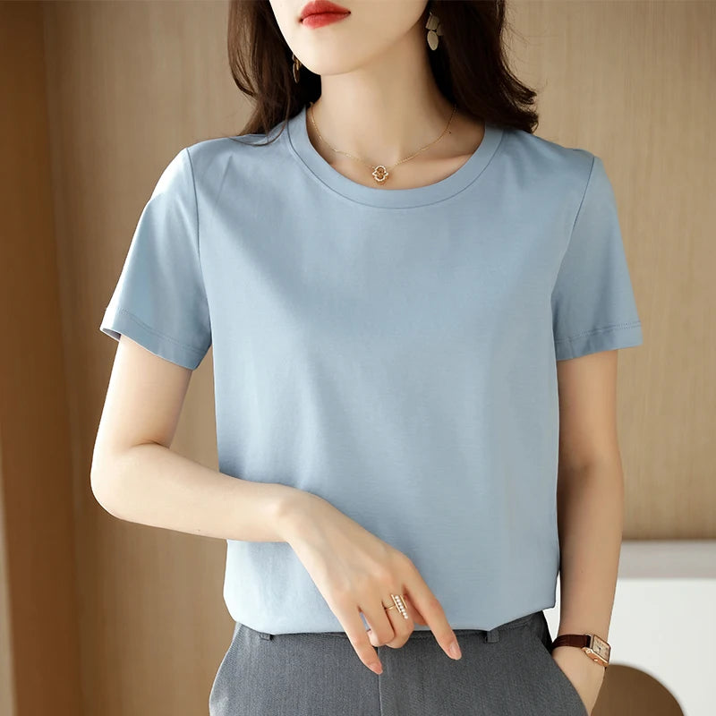 IMIEMIE Summer 100% Mercerized Cotton Women Silk T-shirts O Neck Short Sleeve Loose Straight Tops Simple Casual Tees For Minimalist 2024