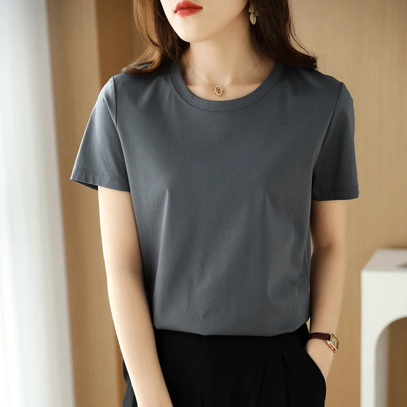 IMIEMIE Summer 100% Mercerized Cotton Women Silk T-shirts O Neck Short Sleeve Loose Straight Tops Simple Casual Tees For Minimalist 2024